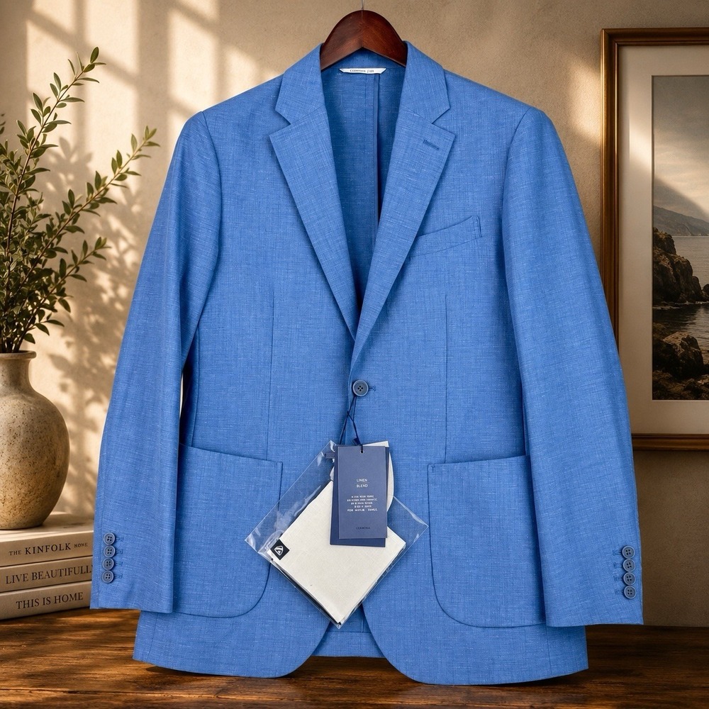 Cremieux Blazer Mens 38 Blue Linen Blend French Fit Unlined Patch Pockets NWT